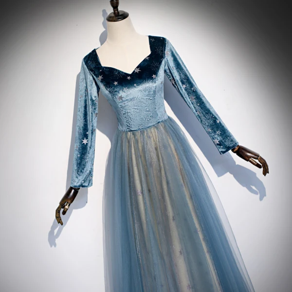 Elegant Pool Blue Star Prom Dresses 2020 A-Line / Princess Suede V-Neck Long Sleeve Floor-Length / Long Formal Dresses