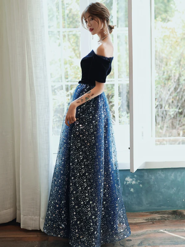 Charmant Marineblau Star Abendkleider 2020 A Linie Wildleder Off Shoulder Schleife Kurze Ärmel Rückenfreies Lange Festliche Kleider