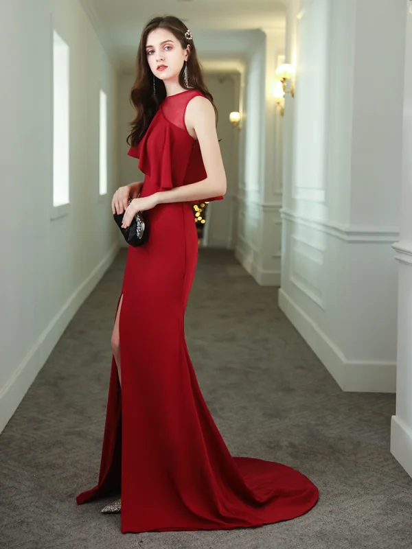 Chic / Belle Couleur Unie Rouge Robe De Soirée 2020 Trompette / Sirène Encolure Dégagée Sans Manches Fendue devant Train De Balayage Robe De Ceremonie