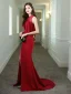 Chic / Belle Couleur Unie Rouge Robe De Soirée 2020 Trompette / Sirène Encolure Dégagée Sans Manches Fendue devant Train De Balayage Robe De Ceremonie