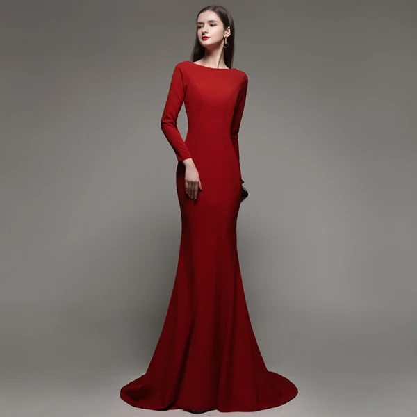 Chic Couleur Unie Rouge Robe De Soirée 2020 Trompette / Sirène Encolure Carrée Manches Longues Dos Nu Train De Balayage Robe De Ceremonie