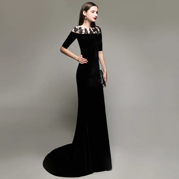 Elegant Modest / Simple Black Evening Dresses 2020 Trumpet / Mermaid Suede Scoop Neck Lace Flower 1/2 Sleeves Sweep Train Formal Dresses