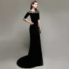 Elegant Modest / Simple Black Evening Dresses  2020 Trumpet / Mermaid Suede Scoop Neck Lace Flower 1/2 Sleeves Sweep Train Formal Dresses