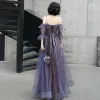 Fashion Purple Evening Dresses  2020 A-Line / Princess Spaghetti Straps Beading Sequins Lace Flower Short Sleeve Backless Floor-Length / Long Formal Dresses