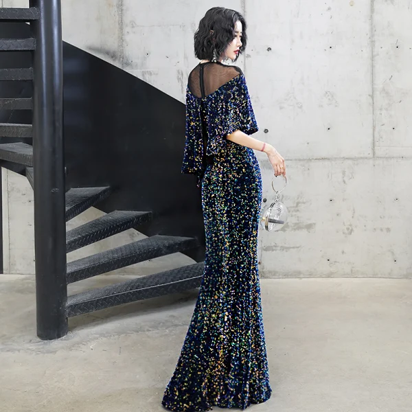 Scintillantes Multi-Couleurs Robe De Soirée 2020 Trompette / Sirène Paillettes Encolure Dégagée 3/4 Manches Longue Robe De Ceremonie