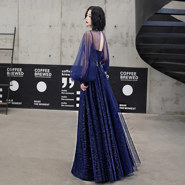 Classy Royal Blue Evening Dresses 2020 A-Line / Princess High Neck Sequins Lace Flower Long Sleeve Backless Floor-Length / Long Formal Dresses