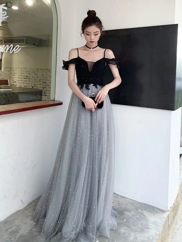 Fashion Grey Star Sequins Evening Dresses  2020 A-Line / Princess Spaghetti Straps Lace Flower Sleeveless Backless Floor-Length / Long Formal Dresses