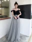 Fashion Grey Star Sequins Evening Dresses  2020 A-Line / Princess Spaghetti Straps Lace Flower Sleeveless Backless Floor-Length / Long Formal Dresses
