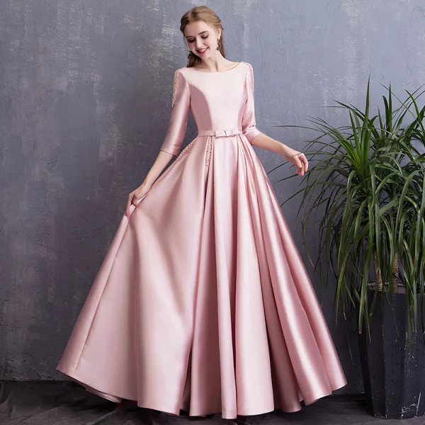 Chic / Beautiful Candy Pink Evening Dresses  2018 A-Line / Princess Bow Pearl Scoop Neck Backless 3/4 Sleeve Floor-Length / Long Formal Dresses