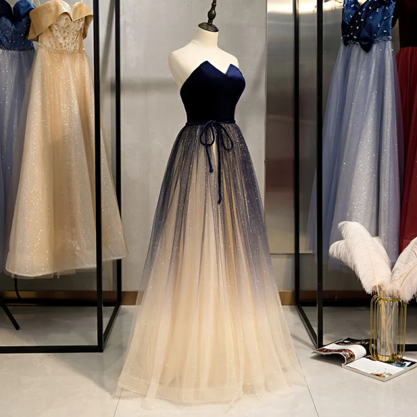 Classy Champagne Prom Dresses 2020 A-Line / Princess Glitter Tulle Suede Strapless Bow Sleeveless Backless Floor-Length / Long Formal Dresses