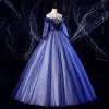 Elegant Navy Blue Prom Dresses 2020 Ball Gown Scoop Neck Beading Pearl Lace Flower 3/4 Sleeve Backless Floor-Length / Long Formal Dresses