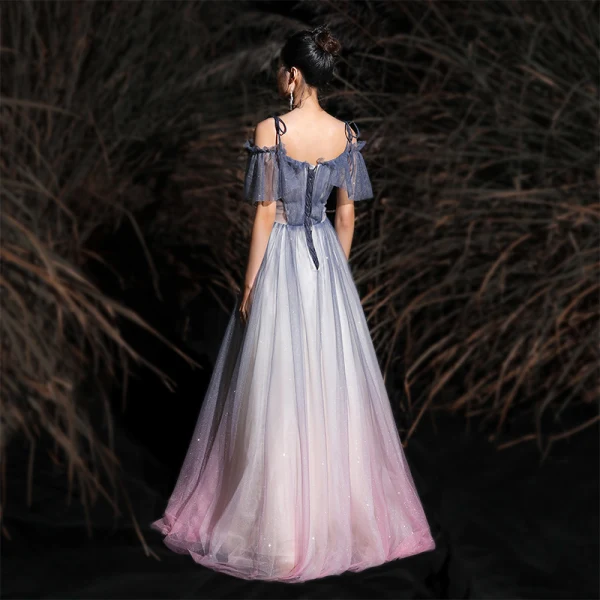 Charmant Dégradé De Couleur Glitter Robe De Soirée 2020 Princesse Bretelles Spaghetti Perlage Manches Courtes Dos Nu Longue Robe De Ceremonie