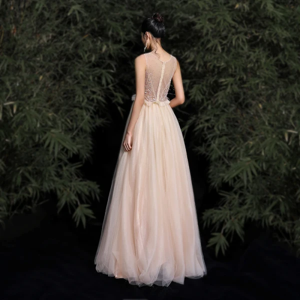 Elegant Gold Evening Dresses  2020 A-Line / Princess Scoop Neck Beading Rhinestone Sleeveless Floor-Length / Long Formal Dresses
