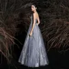 Charming Grey Prom Dresses 2020 A-Line / Princess Strapless Tassel Lace Flower Sequins Sleeveless Backless Floor-Length / Long Formal Dresses