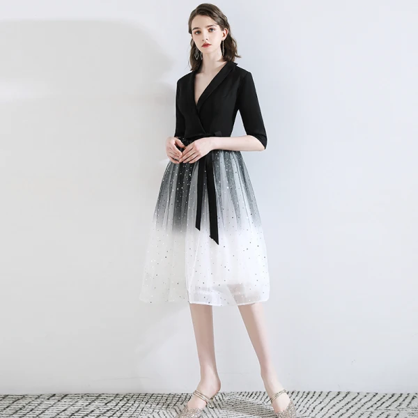 Chic / Beautiful Black Homecoming Graduation Dresses 2020 A-Line / Princess V-Neck Star Sequins Bow 1/2 Sleeves Knee-Length Formal Dresses