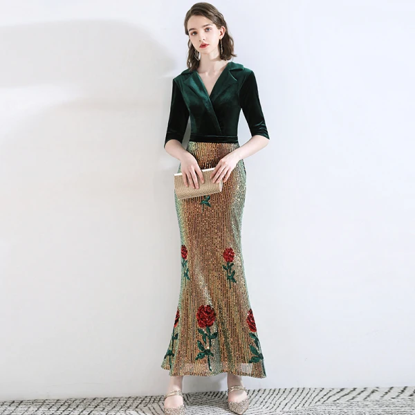 Classic Dark Green Evening Dresses 2020 Trumpet / Mermaid Suede V-Neck Sequins 1/2 Sleeves Ankle Length Formal Dresses