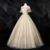 Elegant Fairytale Champagne Prom Dresses 2020 Ball Gown Scoop Neck Rhinestone Lace Flower Appliques Short Sleeve Backless Floor-Length / Long Formal Dresses