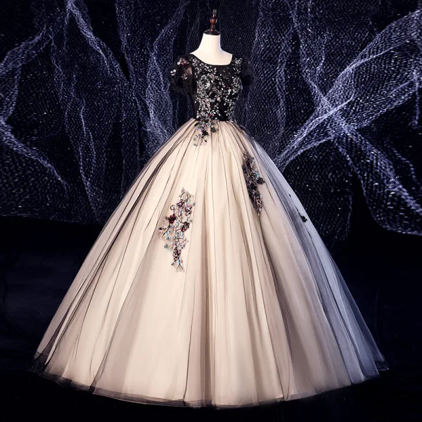 Elegant Black Prom Dresses 2020 Ball Gown Suede Scoop Neck Lace Flower Sequins Rhinestone Short Sleeve Backless Floor-Length / Long Formal Dresses