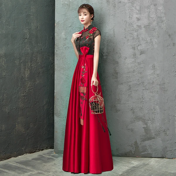 Style Chinois Rouge Robe De Soirée 2020 Princesse Col Haut Faux Diamant En Dentelle Fleur Noeud Mancherons Dos Nu Longue Robe De Ceremonie