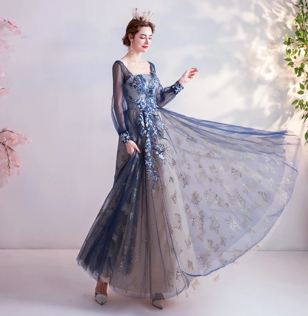 Vintage / Retro Navy Blue Prom Dresses 2020 A-Line / Princess Square Neckline Glitter Lace Flower Rhinestone Long Sleeve Backless Floor-Length / Long Formal Dresses