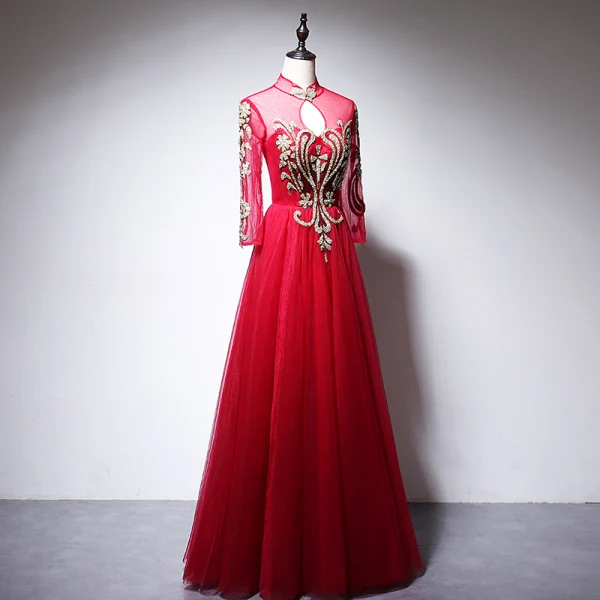 Chinese style Red Evening Dresses 2020 A-Line / Princess High Neck Beading Rhinestone Sequins Long Sleeve Floor-Length / Long Formal Dresses