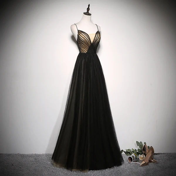 Chic / Belle Noire Robe De Soirée 2020 Princesse Bretelles Spaghetti Sans Manches Dos Nu Longue Robe De Ceremonie