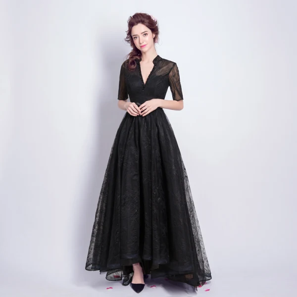 Modest / Simple Vintage / Retro Black Prom Dresses 2021 A-Line / Princess V-Neck Beading Lace Flower Short Sleeve Backless Floor-Length / Long Evening Party Formal Dresses