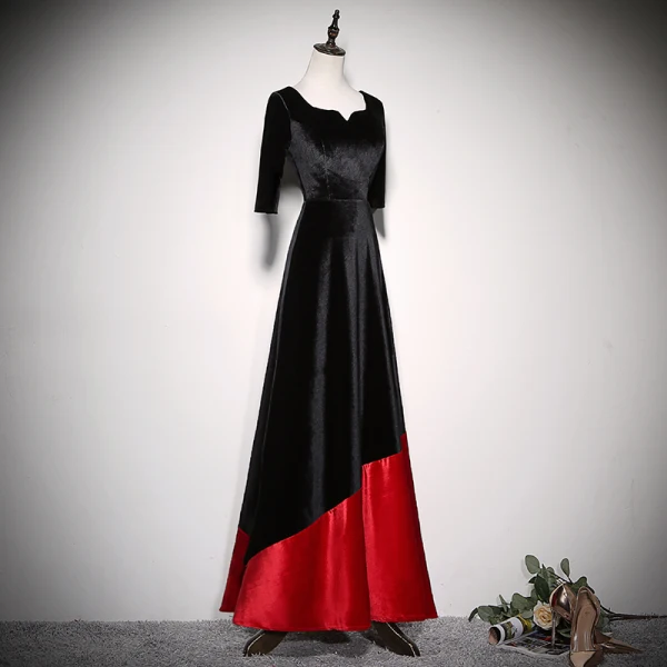 Chic Beautiful Two Tone Evening Dresses 2020 A Line Princess Suede Square  Neckline 1 2 Sleeves Backless Floor Length Long Formal Dresses