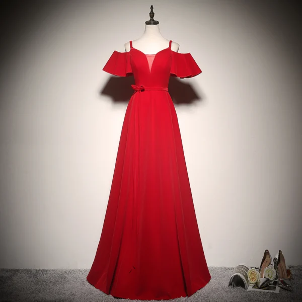 Modest / Simple Burgundy Evening Dresses  2020 A-Line / Princess Spaghetti Straps Suede Bow Short Sleeve Backless Floor-Length / Long Formal Dresses