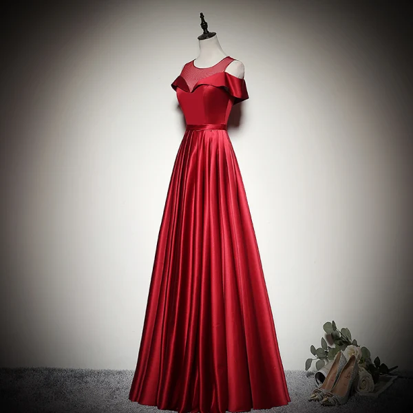 Elegant Solid Color Burgundy Evening Dresses  2020 A-Line / Princess Scoop Neck Short Sleeve Backless Floor-Length / Long Formal Dresses