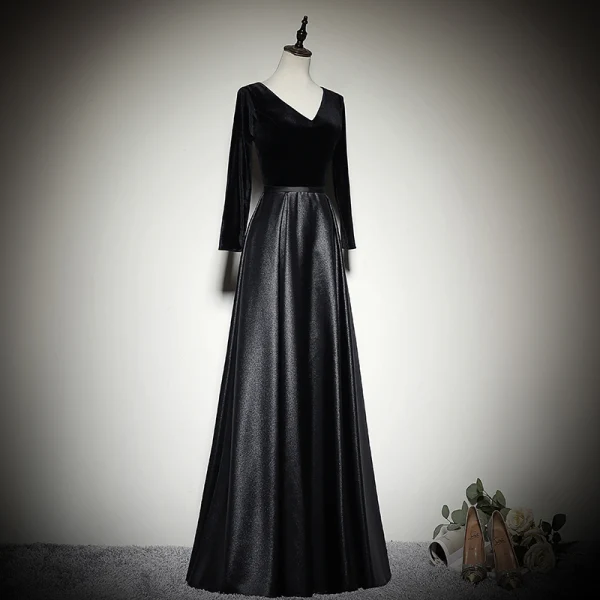 Modest / Simple Black Evening Dresses 2020 A-Line / Princess Suede V-Neck Long Sleeve Backless Floor-Length / Long Formal Dresses
