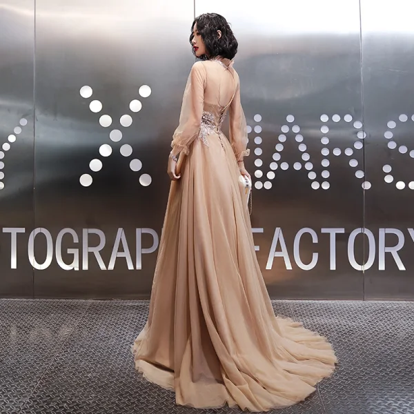 Elegant Champagne Evening Dresses 2020 A-Line / Princess High Neck Rhinestone Sequins Lace Flower Long Sleeve Backless Sweep Train Formal Dresses