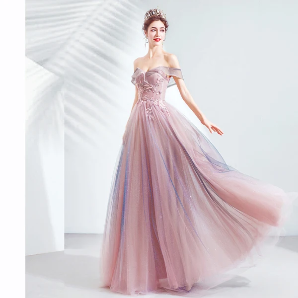 Charming Candy Pink Evening Dresses 2020 A-Line / Princess Off-The-Shoulder Glitter Tulle Beading Lace Flower Sleeveless Backless Floor-Length / Long Formal Dresses