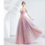 Charming Candy Pink Evening Dresses  2020 A-Line / Princess Off-The-Shoulder Glitter Tulle Beading Lace Flower Sleeveless Backless Floor-Length / Long Formal Dresses