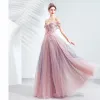 Charming Candy Pink Evening Dresses  2020 A-Line / Princess Off-The-Shoulder Glitter Tulle Beading Lace Flower Sleeveless Backless Floor-Length / Long Formal Dresses