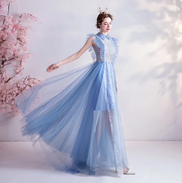 Vintage / Retro Sky Blue Evening Dresses 2020 A-Line / Princess High Neck Ruffle Lace Flower Sleeveless Floor-Length / Long Formal Dresses