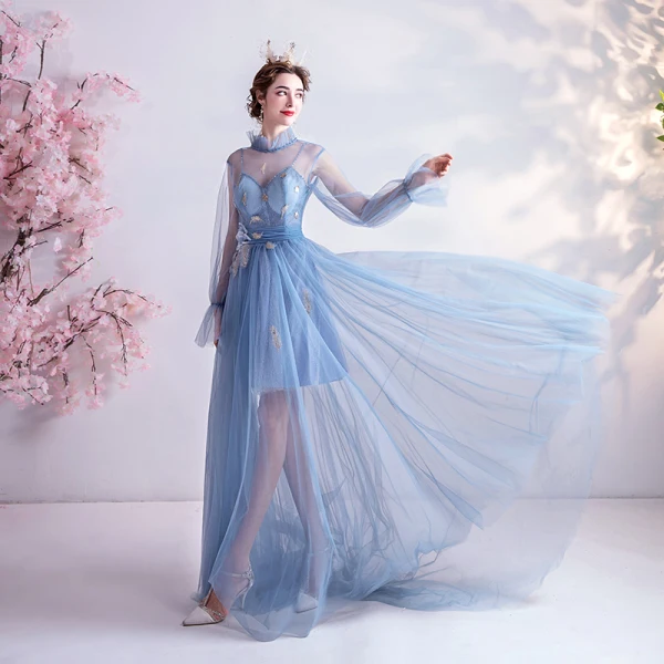 Vintage / Retro Sky Blue Evening Dresses 2020 A-Line / Princess High Neck Appliques Crystal Lace Flower Rhinestone Sequins Long Sleeve Backless Sweep Train Formal Dresses
