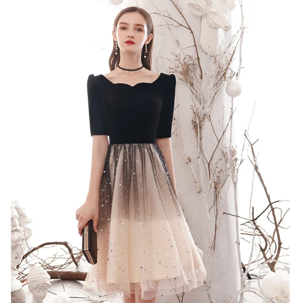 Fashion Black Gradient-Color Homecoming Graduation Dresses 2021 A-Line / Princess Square Neckline Star Sequins Short Sleeve Knee-Length Formal Dresses