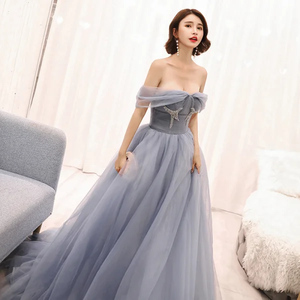 Élégant Gris Bleu Ciel Robe De Soirée 2018 Princesse Faux Diamant De l'épaule Dos Nu Sans Manches Tribunal Train Robe De Ceremonie