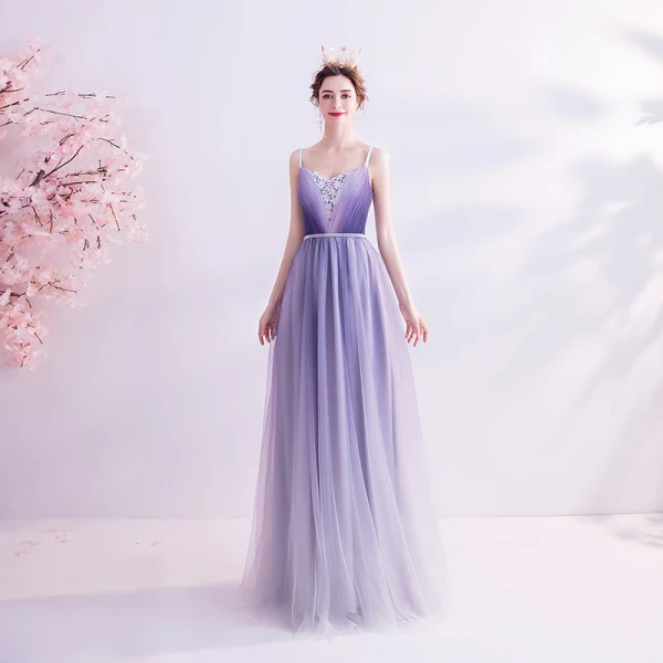 Charming Purple Evening Dresses 2020 A-Line / Princess Spaghetti Straps Beading Rhinestone Appliques Lace Flower Sleeveless Backless Floor-Length / Long Formal Dresses