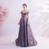 Elegant Purple Glitter Prom Dresses 2020 A-Line / Princess Scoop Neck Beading Rhinestone Sequins Lace Flower Short Sleeve Backless Sweep Train