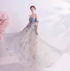 Charming Sage Green Glitter Prom Dresses 2020 A-Line / Princess Off-The-Shoulder Sequins Sleeveless Backless Floor-Length / Long Formal Dresses