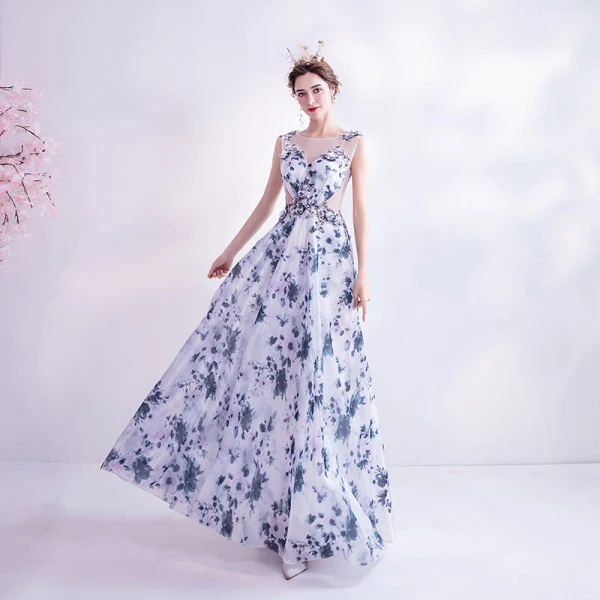 Charmant Océan Bleu Ivoire Florale Robe De Soirée 2020 Princesse Encolure Dégagée Paillettes Appliques Impression Sans Manches Dos Nu Longue Robe De Ceremonie