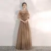 Elegant Brown Evening Dresses  2020 A-Line / Princess Scoop Neck Rhinestone Sequins Short Sleeve Backless Floor-Length / Long Formal Dresses