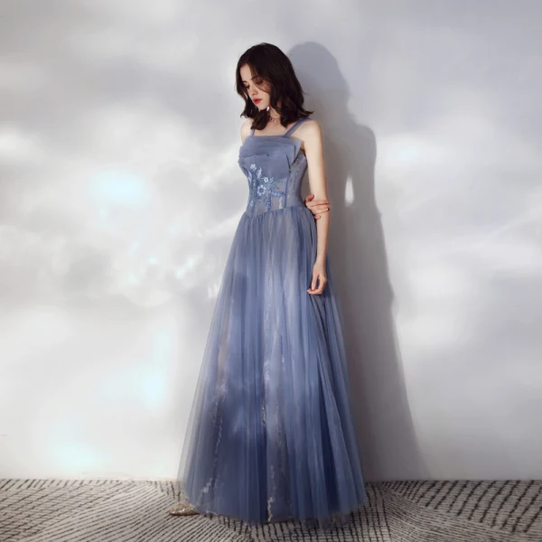 Chic / Belle Océan Bleu Robe De Bal 2020 Princesse Bustier En Dentelle Fleur Sans Manches Dos Nu Longue Robe De Ceremonie