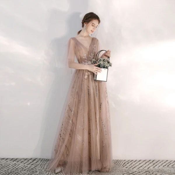 Chic / Beautiful Champagne Evening Dresses  2020 A-Line / Princess V-Neck Glitter Beading Lace Flower Rhinestone Sequins 1/2 Sleeves Backless Floor-Length / Long Formal Dresses