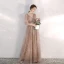 Chic / Beautiful Champagne Evening Dresses  2020 A-Line / Princess V-Neck Glitter Beading Lace Flower Rhinestone Sequins 1/2 Sleeves Backless Floor-Length / Long Formal Dresses