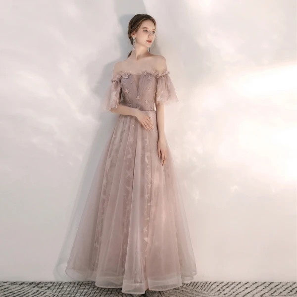 Classy Nude Prom Dresses 2020 A-Line / Princess Ruffle Off-The-Shoulder Star Lace Short Sleeve Backless Floor-Length / Long Formal Dresses
