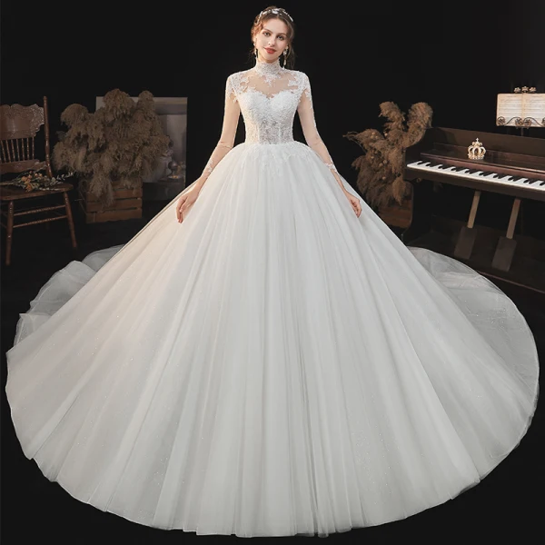 Illusion Ivoire Transparentes En Dentelle Fleur Robe De Mariée 2021 Robe Boule Col Haut 3/4 Manches Dos Nu Cathedral Train Mariage