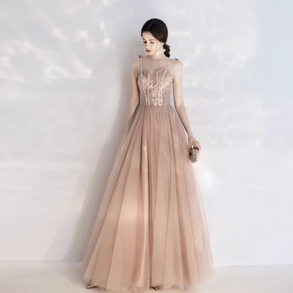 Classy Champagne Prom Dresses 2020 A-Line / Princess Spaghetti Straps Beading Pearl Lace Flower Sleeveless Backless Floor-Length / Long Formal Dresses